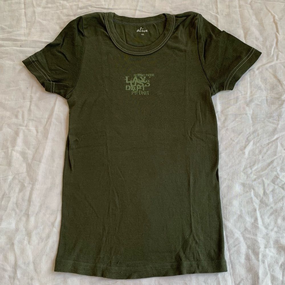 Alive Y2K 100% Cotton Dark Army Green Graphic Baby Tee Short Sleeve T-Shirt